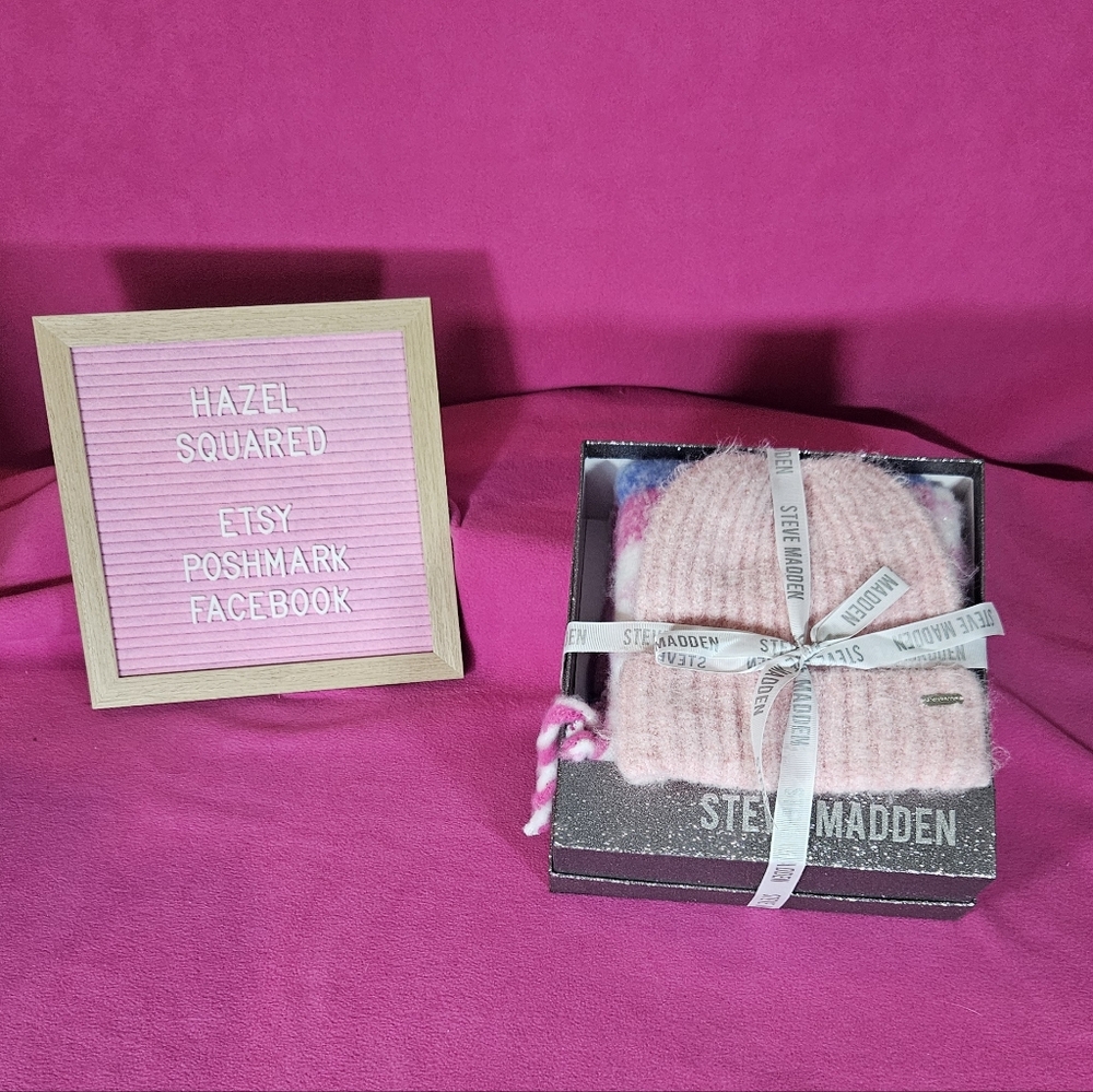 Steve Madden Pink Knit Beanie Set